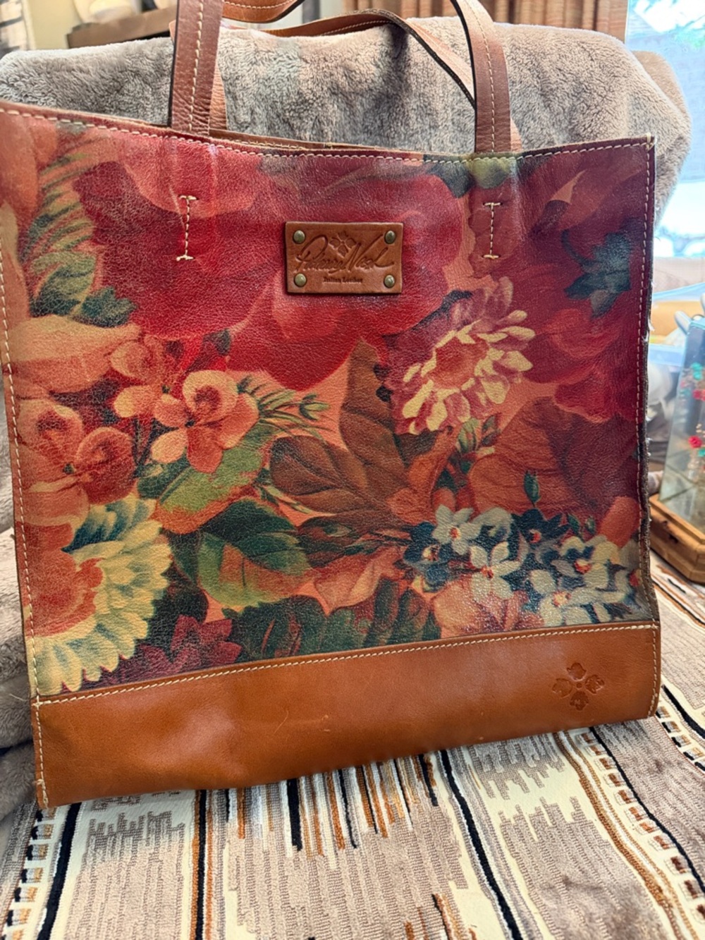 Patricia Nash Red and Brown Floral Leather Tote